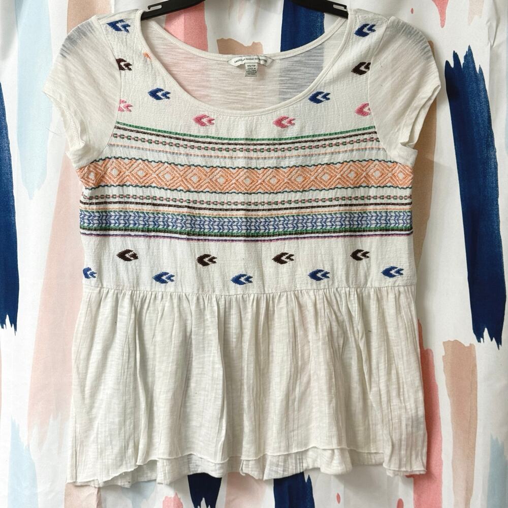 American Eagle Cream Boho Peplum Peasant Short Sleeve Scoop Neck Top Size XS